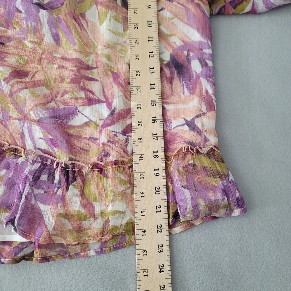 Lucky Brand Botanical Chiffon Blouse Women's Size L Tiered Sleeves & Hem Lined - Picture 2 of 11
